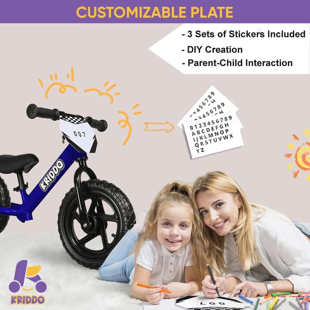 KRIDDO Toddler Balance Bike 2 Year Old, Age 24 Months to 5 Years Old, 12 Inch Push Bicycle with Customize Plate (3 Sets of Stickers Included), Steady Balancing, Gift Bike for 2-3 Boys Girls