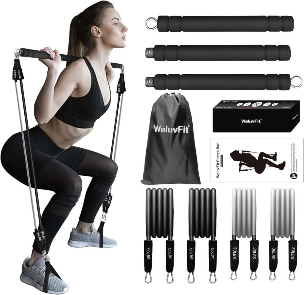 Pilates Bar - WeluvFit Pilates Bar Kit with Resistance Bands, Pilates Bar with Non-Slip Foot Strap/Anti-Break /3-Section/Exercise Equipment for Women  Men, Home Workouts, Squat, Yoga for Full Body