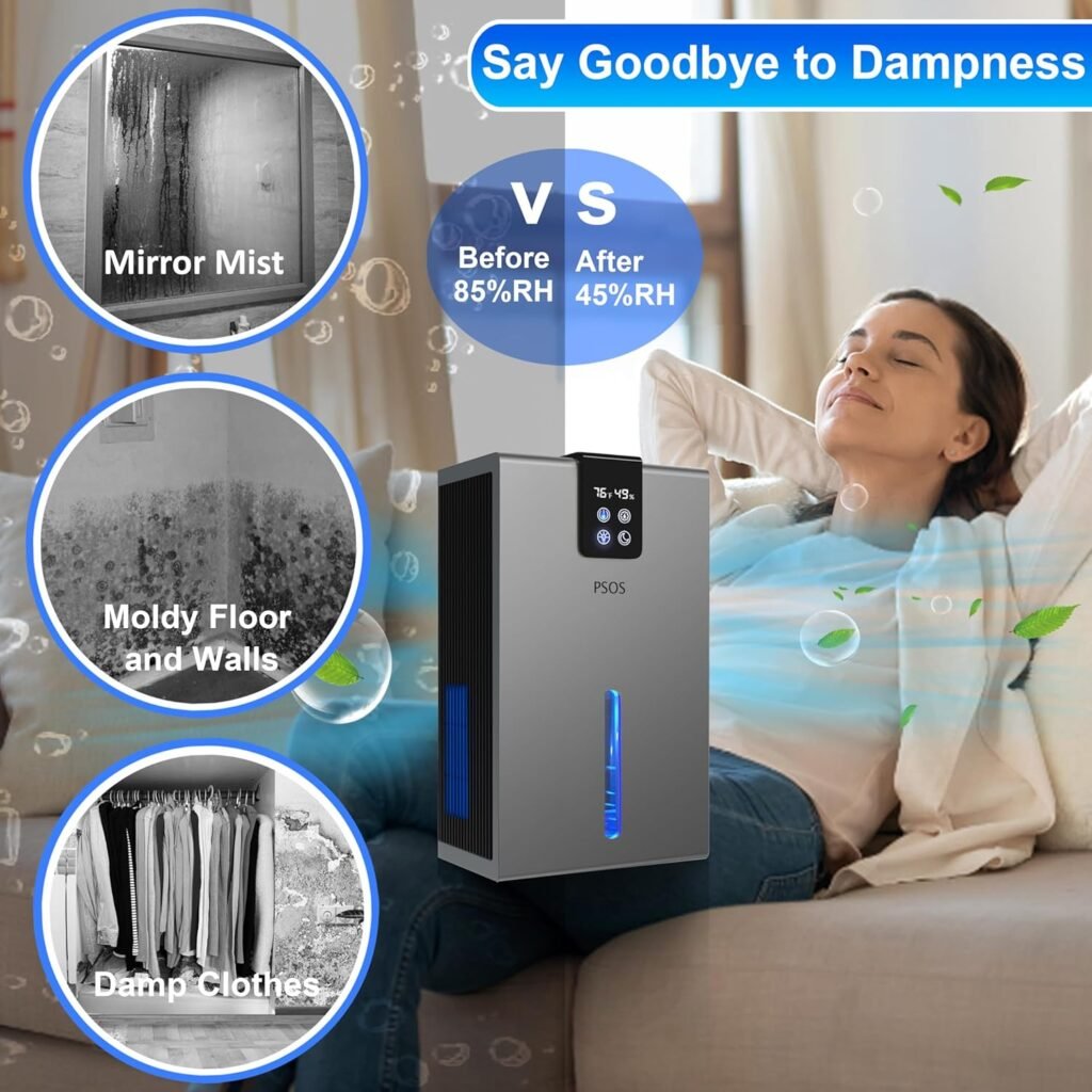 PSOS Dehumidifier, 99 oz Dehumidifiers for Basement, Quiet Small Dehumidifiers for Bedroom with Auto Shut Off,Portable Dehumidifier for Home with 2 Working Modes, 7 Colors LED Light.