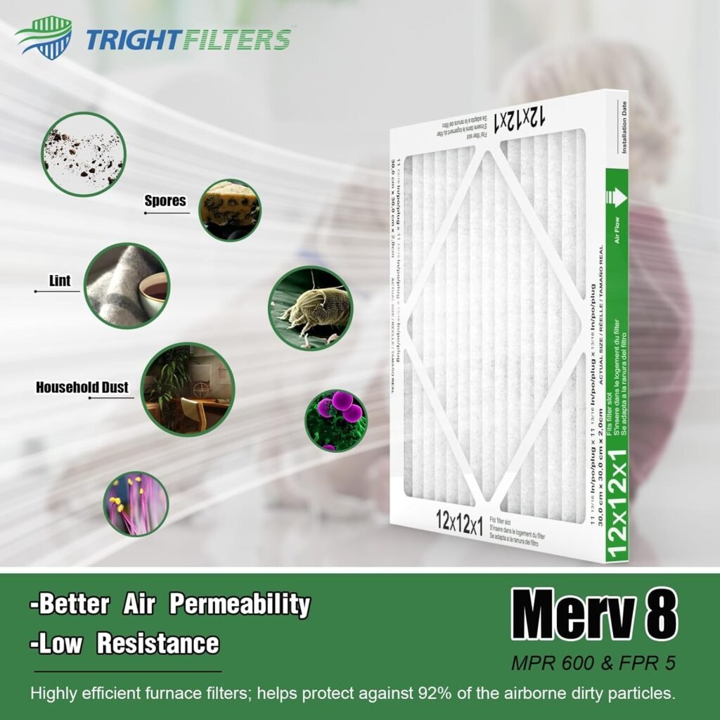12x12x1 Air Filter 6 Pack, Durable MERV 8 Pleated Home HVAC AC Furnace Filters, Lightweight Compact Air Conditioner Filter Replacement