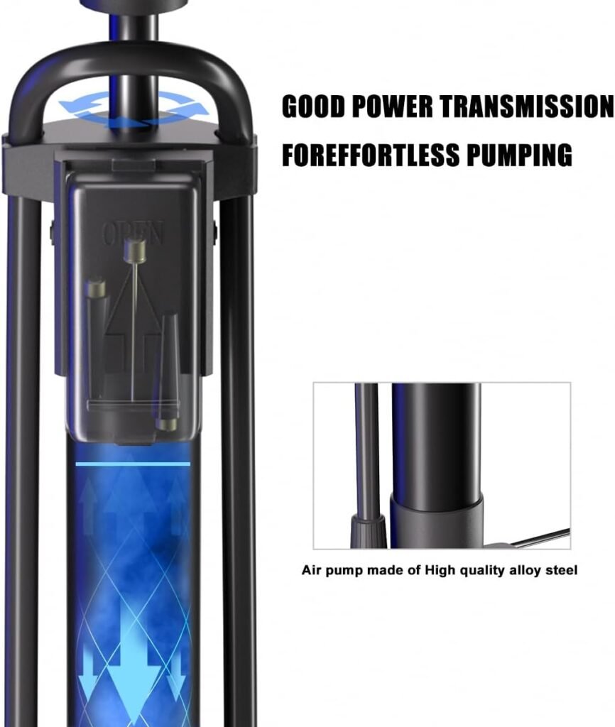 Bike Pump Portable, Ball Pump Inflator Bicycle Floor Pump with high Pressure Buffer Easiest use with Both Presta and Schrader Bicycle Pump Valves-160Psi Max