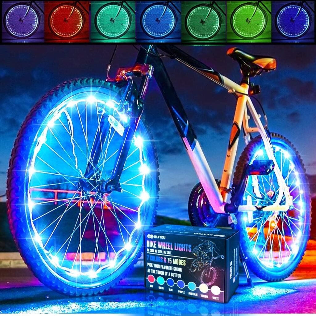 BLITZU Bike Wheel Lights, Bicycle Spoke Decorations Light. 2-Tire Pack 7 Colors in 1. Fun Bright Patterns Waterproof LED Safety Warning Bicycle Strip Light for Kids Boys Girls Adults Night Riding