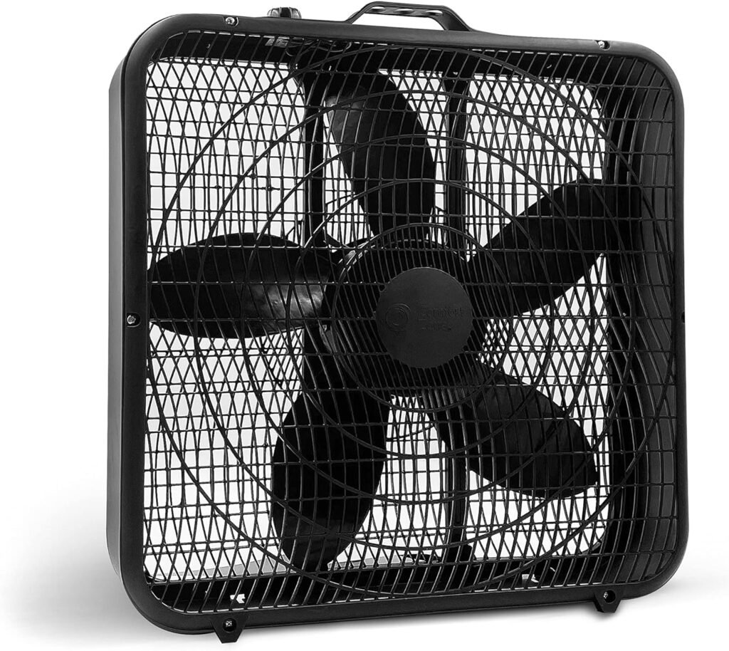 Comfort Zone Box Fan with Carry Handle, 20 inch, 3 Speed Full-Force Air Circulation with Air Conditioner, Floor Fan, Bedroom Fan, Airflow 15.03 ft/sec, Ideal for Home, Bedroom  Office, CZ200ABK