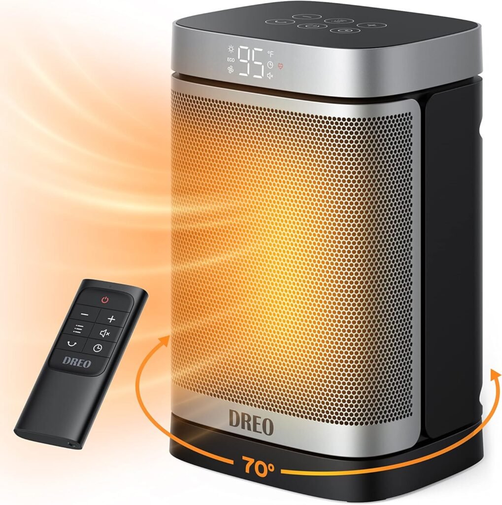Dreo Space Heater Indoor, 1500W Portable Heaters for Indoor use with Remote, PTC Ceramic Electric Heater for Bedroom with Thermostat, 70°Oscillation, 12h Timer, Safety Heater for Room Home Office