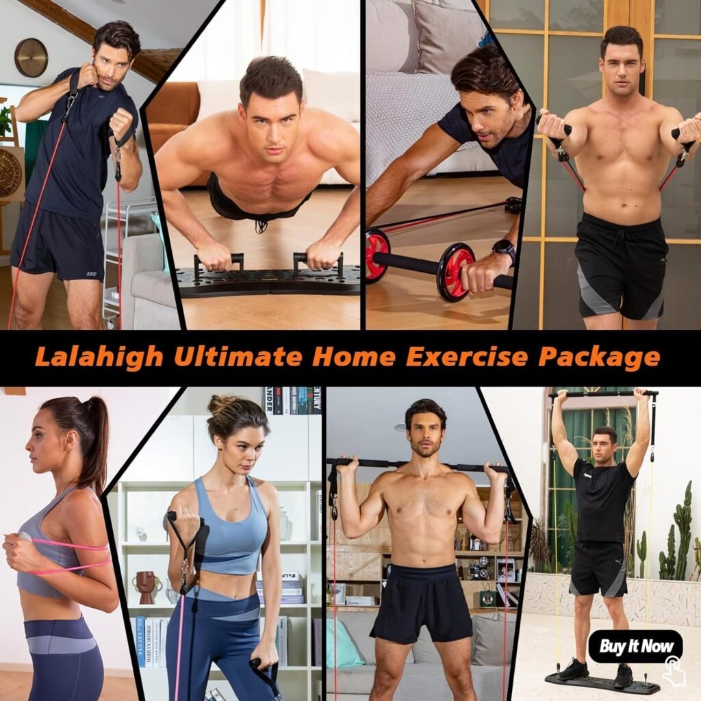 LALAHIGH Portable Home Gym System: Large Compact Push Up Board, Pilates Bar  20 Fitness Accessories with Resistance Bands  Ab Roller Wheel - Full Body Workout for Men and Women, Gift for Boyfriend