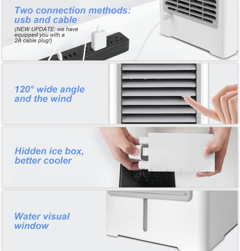 Portable Air Conditioners, USB Personal Mini Air Conditioner with 3-Speed, Evaporative Air Cooler with Touch Screen, Portable Ac Unit Fan for Room, Tent, Bedroom, Car, RV, and Camping