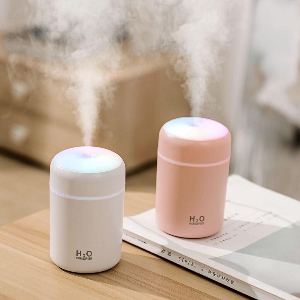Portable Mini Humidifier, Colorful, Cool Mist, USB Powered. Perfect for Bedroom, Office  Car (300ml, White)