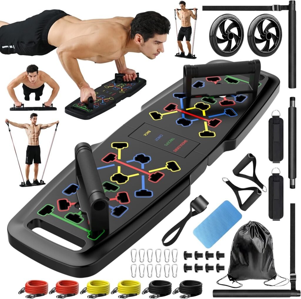 Push Up Board,Home Gym,Portable Exercise Equipment,Pilates Bar  20 Fitness Accessories with Resistance Bands  Ab Roller Wheel,Full Body Workout at Home