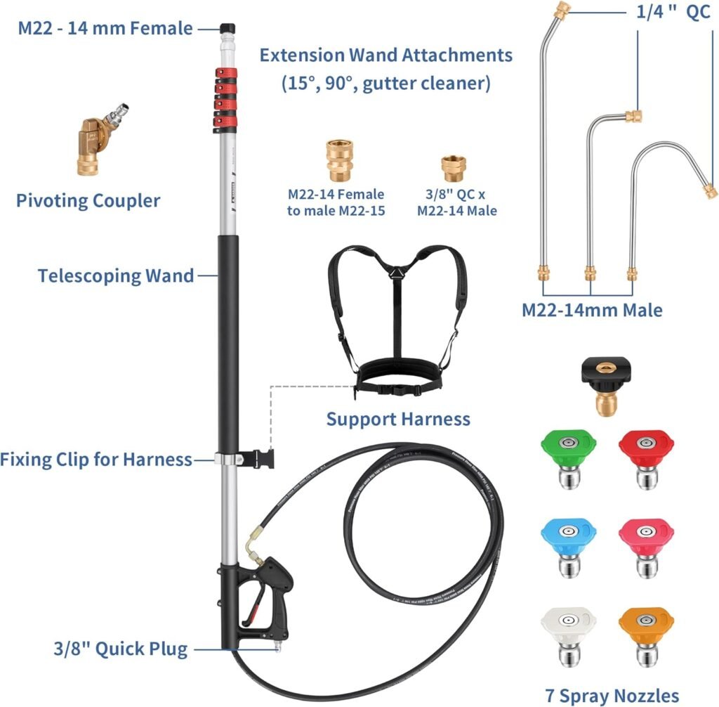 24 FT Pressure Washer Telescoping Wand - High Pressure Washer Wand Included Power Washer Extension Wands, Gutter Cleaner, 7 Spray Nozzle Tips, 2 Hose Adapters and Support Belt