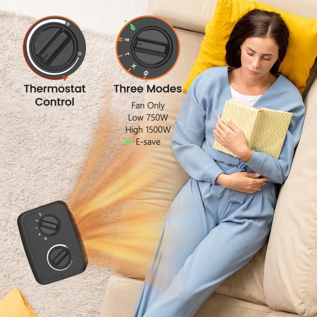 andily Space Heater Electric Heater for Home and Office Ceramic Small Heater with Thermostat, 750W/1500W