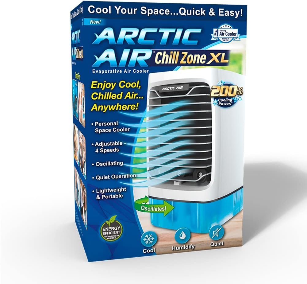 Arctic Air Chill Zone Evaporative Cooler with Hydro-Chill Technology, Portable Fan with 4 Adjustable Speeds, 8-Hour Cooling, Fan for Bedroom, Living Room, Basement, Office  More
