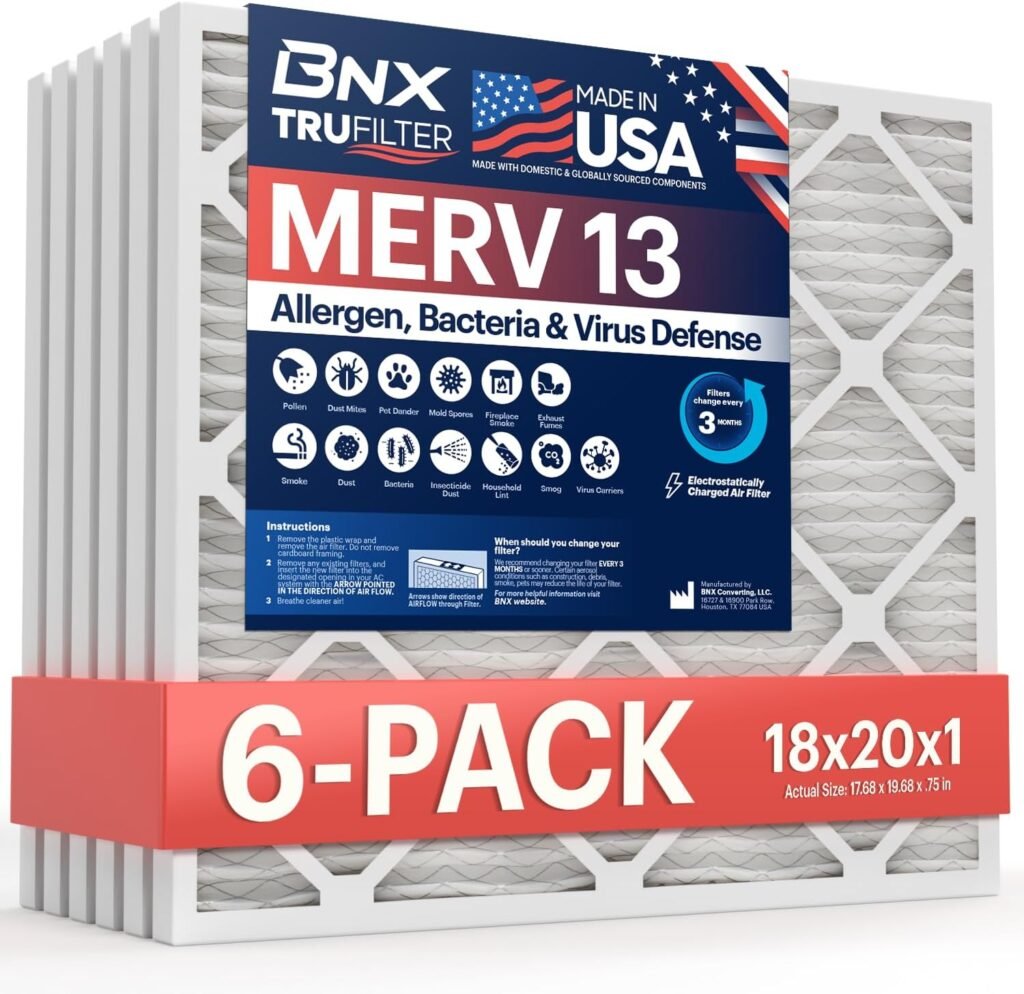 BNX TruFilter 18x20x1 Air Filter MERV 13 (6-Pack) - MADE IN USA - Electrostatic Pleated Air Conditioner HVAC AC Furnace Filters for Allergies, Pollen, Mold, Bacteria, Smoke, Allergen, MPR 1900 FPR 10