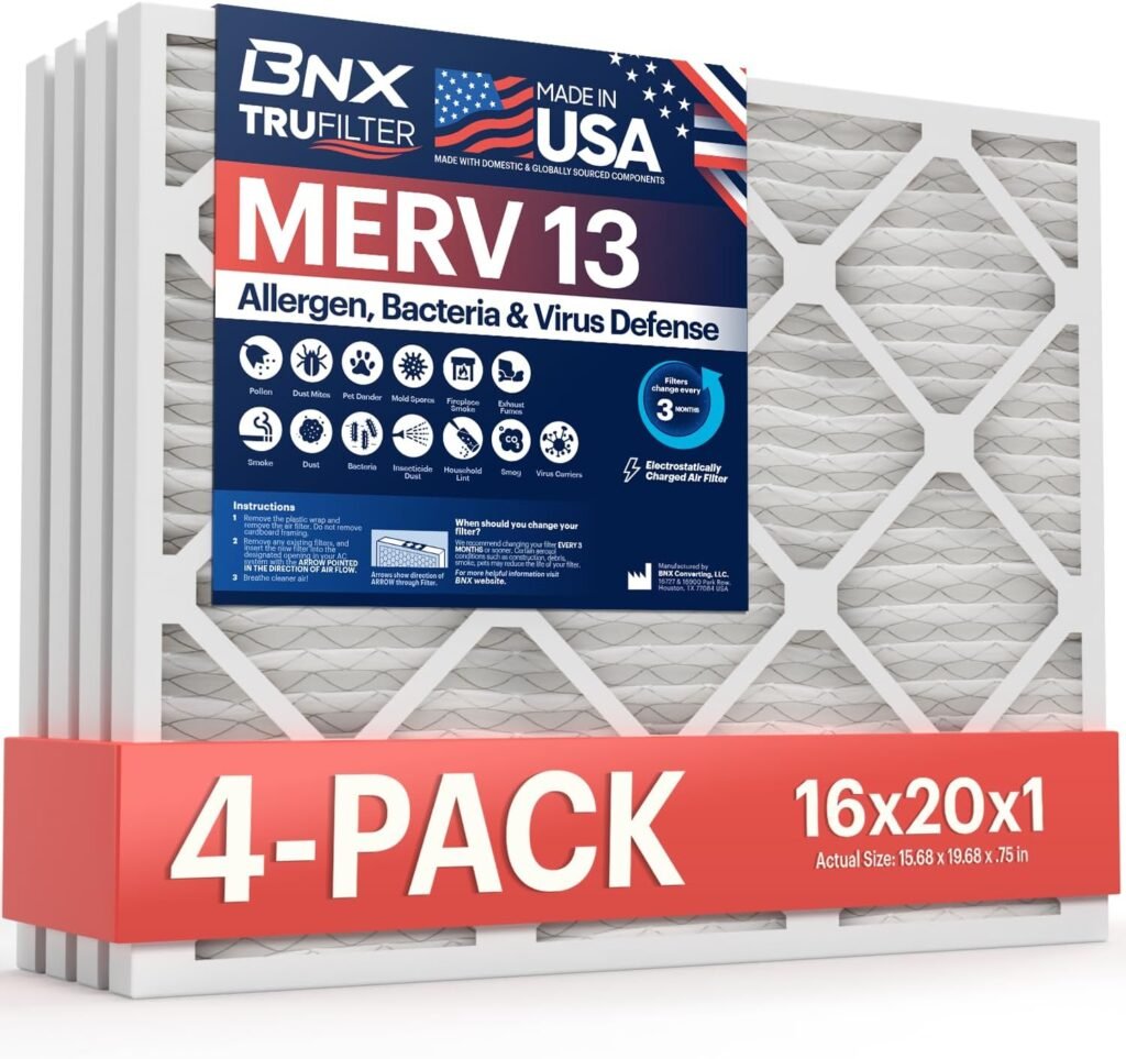 BNX TruFilter 18x20x1 Air Filter MERV 13 (6-Pack) - MADE IN USA - Electrostatic Pleated Air Conditioner HVAC AC Furnace Filters for Allergies, Pollen, Mold, Bacteria, Smoke, Allergen, MPR 1900 FPR 10