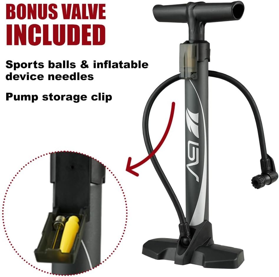 BV Bicycle Ergonomic Bike Floor Pump with Gauge  Smart Valve Head, 160 psi, Automatically Reversible Presta and Schrader