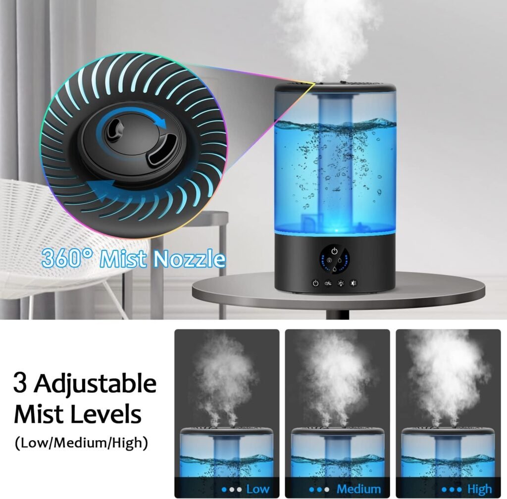 Cool Mist Humidifier, Ultrasonic Humidifiers for Bedroom Baby, 3L Large Humidifier w/Remote Control, 7 Colors Night Light 6 Dimmer Adjustable Levels, Timer, Auto Shut-Off Room, Black