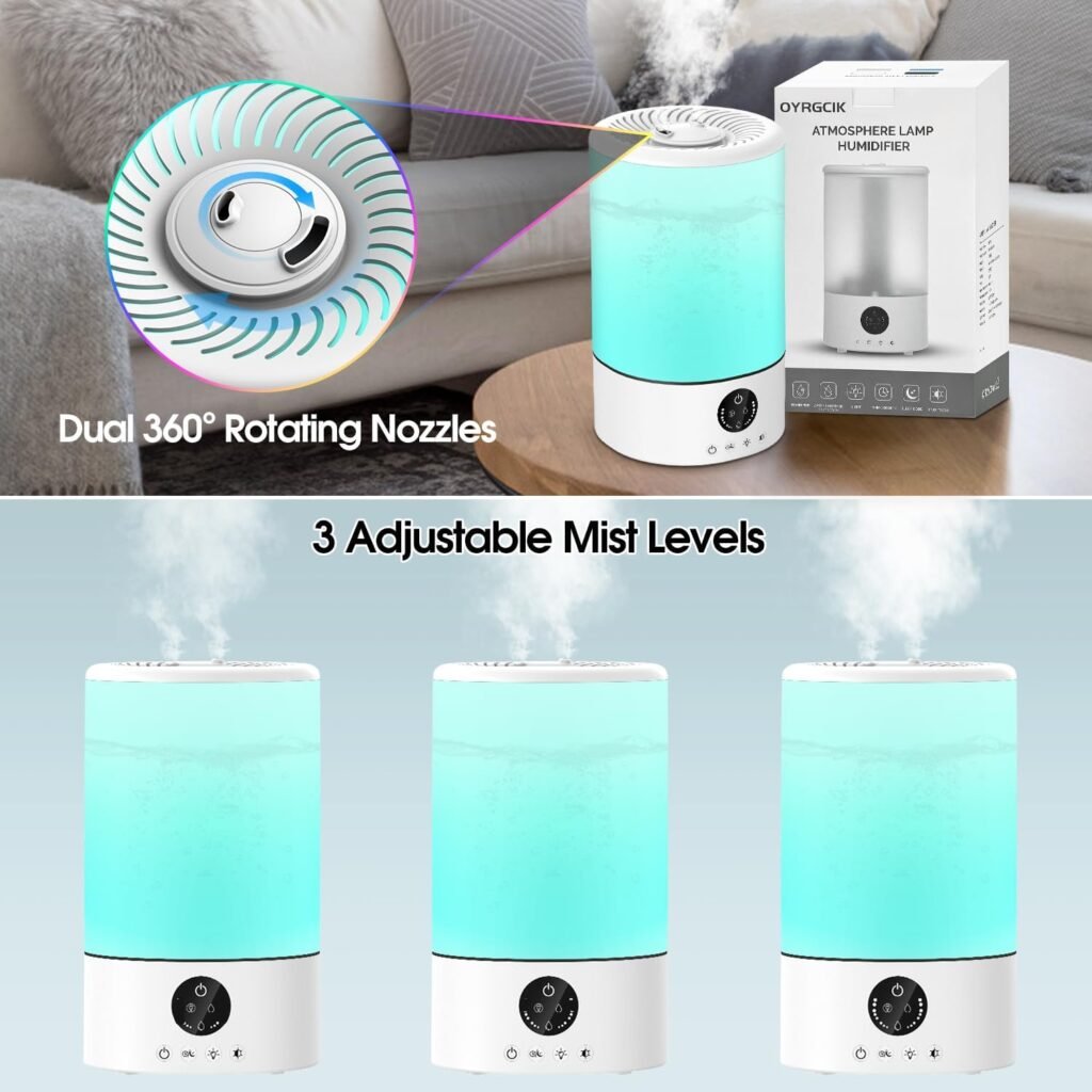 Cool Mist Humidifier, Ultrasonic Humidifiers for Bedroom Baby, 3L Large Humidifier w/Remote Control, 7 Colors Night Light 6 Dimmer Adjustable Levels, Timer, Auto Shut-Off Room, Black