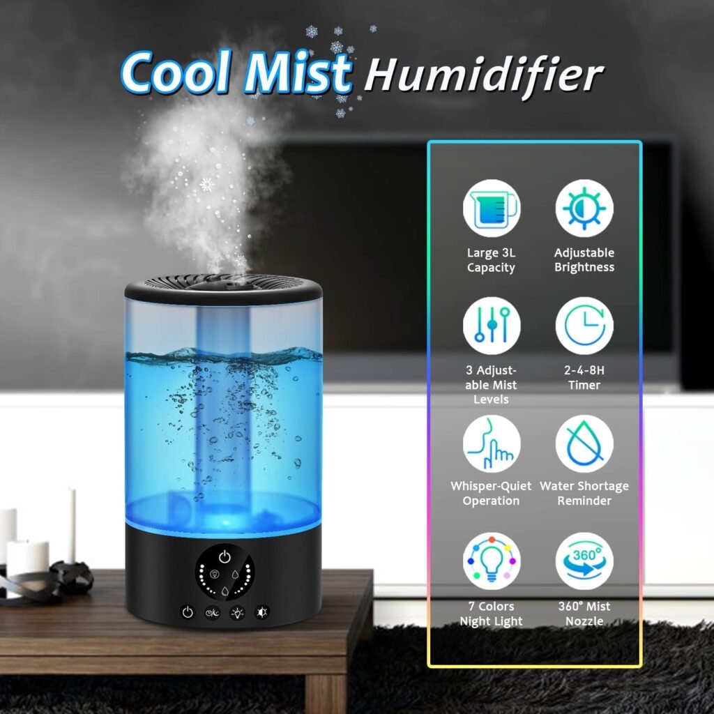 Cool Mist Humidifier, Ultrasonic Humidifiers for Bedroom Baby, 3L Large Humidifier w/Remote Control, 7 Colors Night Light 6 Dimmer Adjustable Levels, Timer, Auto Shut-Off Room, Black