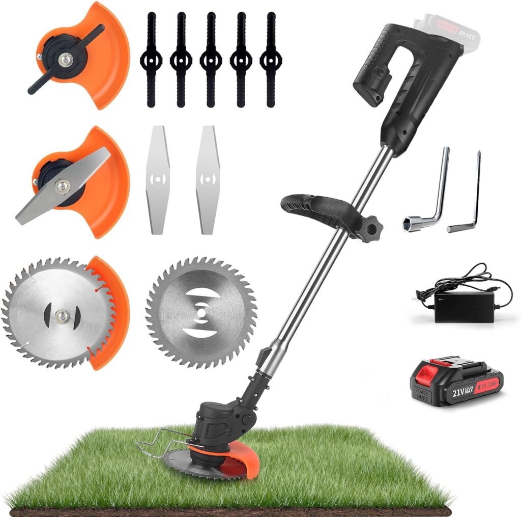 Cordless Lawn Trimmer Weed Wacker - 21V Lawn Mower Grass Edger with 2.0Ah Li-Ion Battery Powered  3 Cutting Blade Types, Compact Power Tool for Lawn Yard Work…