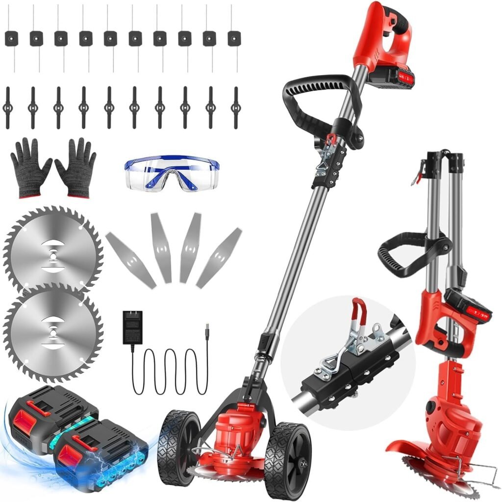 Cordless Weed Wacker, Electric Weed Eater Battery String Trimmers Edger Lawn Tool Bush Pruner 2.0Ah Battery Powered Grass Edger Foldable Stick Electric Mower w/Wheels