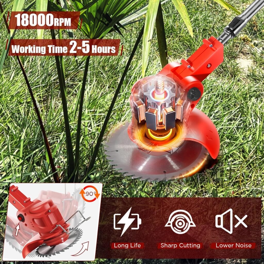 Cordless Weed Wacker, Electric Weed Eater Battery String Trimmers Edger Lawn Tool Bush Pruner 2.0Ah Battery Powered Grass Edger Foldable Stick Electric Mower w/Wheels