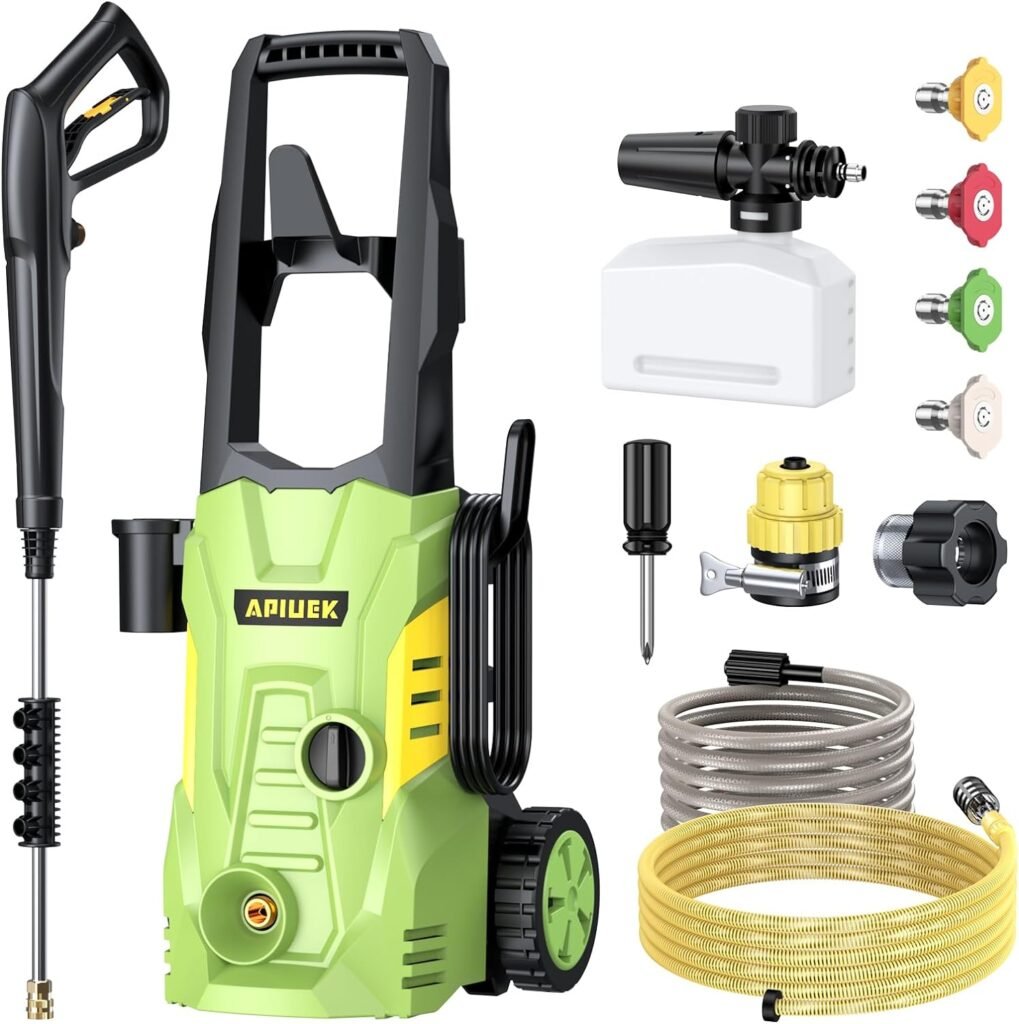 Electric High Pressure Washer - Apiuek Portable Washer with 23 FT Water Outlet  6.6 FT Inlet Hose, Upgraded Foam Cannon, 4 Nozzle Set, Cleans Patios/Cars/Fences/Windows, 3800PSI 2.4GPM