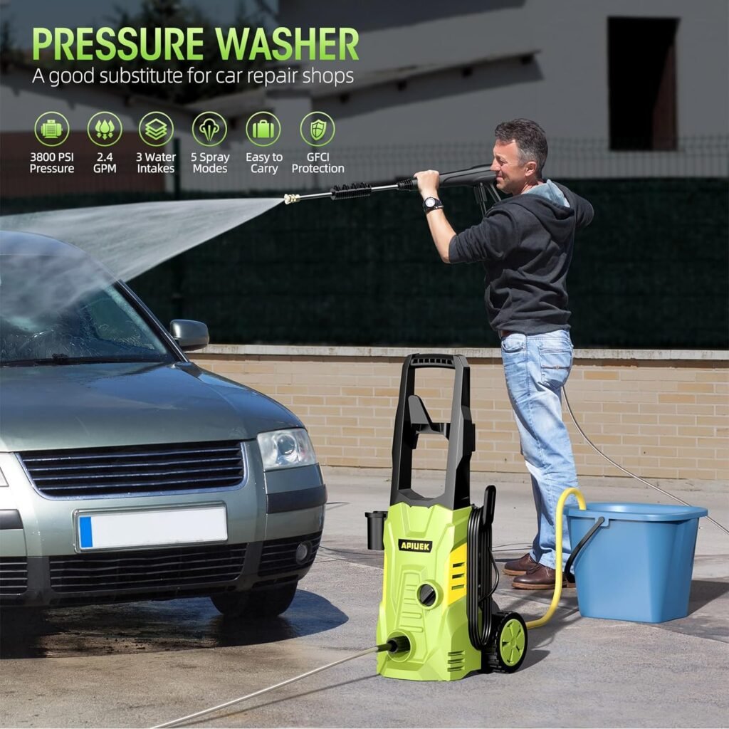 Electric High Pressure Washer - Apiuek Portable Washer with 23 FT Water Outlet  6.6 FT Inlet Hose, Upgraded Foam Cannon, 4 Nozzle Set, Cleans Patios/Cars/Fences/Windows, 3800PSI 2.4GPM