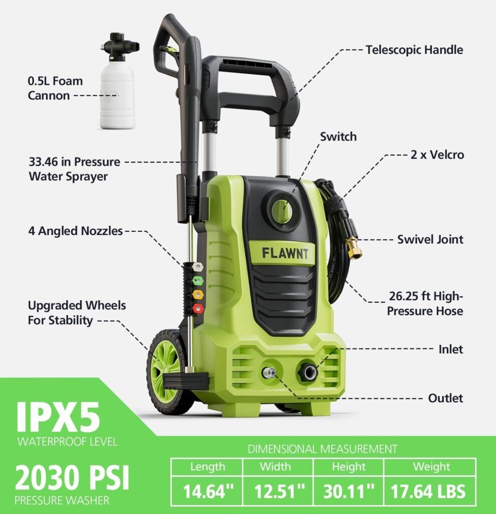 Electric Pressure Washer, 26 FT Hose Pressure Cleaner 2030 PSI with 4 Nozzles Tips,Surface Cleaning with Upgraded Swivel Joint for Car/Fences/Patios/Daily Needed-Green