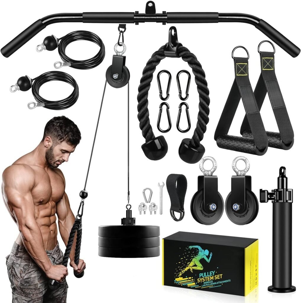 Fitness LAT and Lift Pulley System Gym - Upgraded LAT Pull Down Cable Machine Attachments, Loading Pin, Handle and Tricep Rope, for Biceps Curl, Forearm, Triceps Exercise Gym Equipment