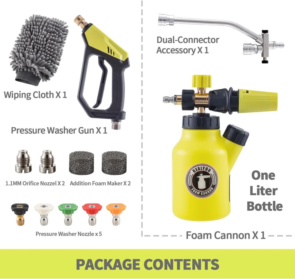 Foam Cannon up to 4500 PSI, Foam Cannon for Pressure Washer with 1/4 Quick Connector, Snow Foam Cannon with Adjustable Nozzle and 1L Foam Cannon Bottle, Fits Most Car Washing Accessories