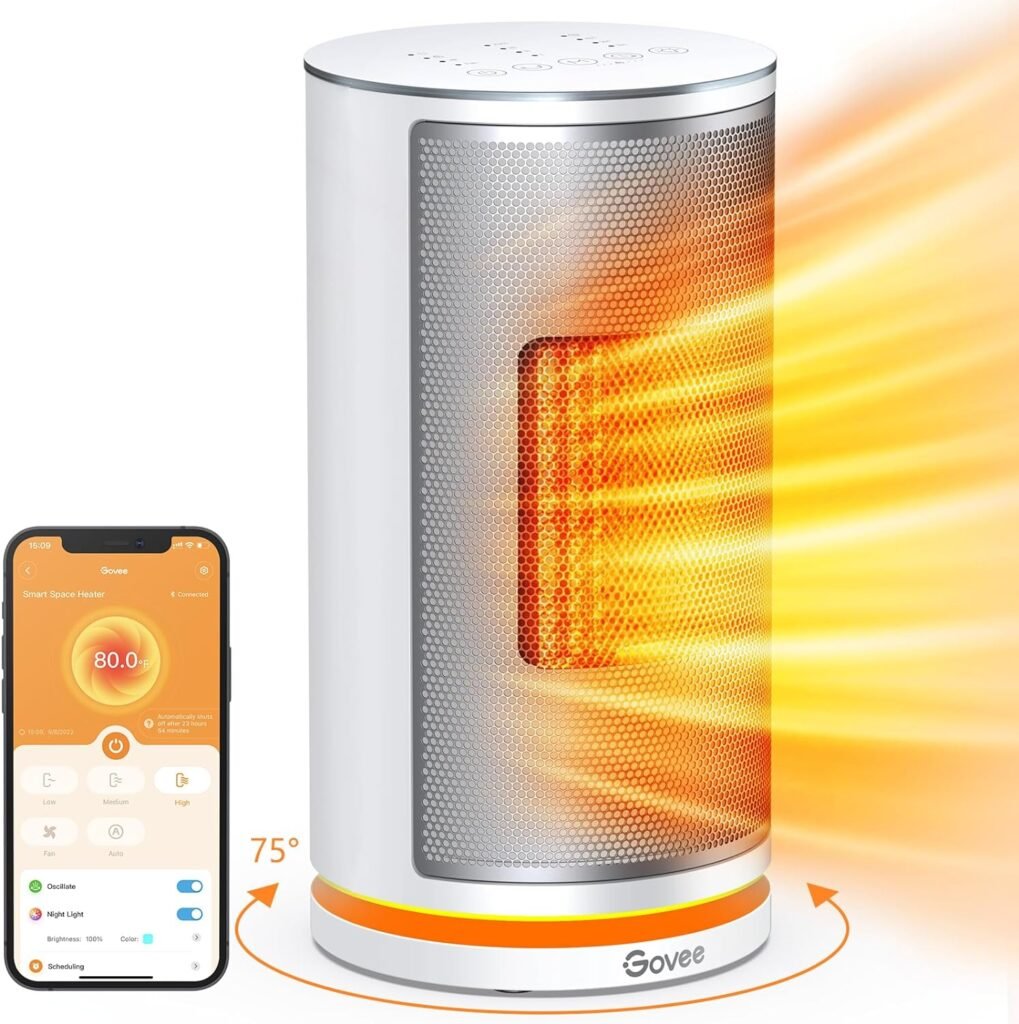 Govee Smart Space Heater for Indoor Use, 1500W Fast Ceramic Electric Heater with Thermostat, 75°Oscillating, App  Voice Remote, Overheating  Tip-Over Protection, 24H Timer Heater for Home Office