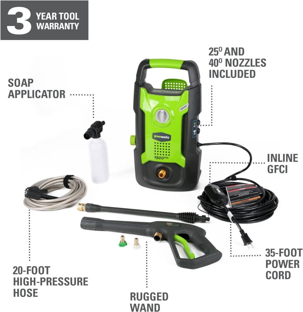 Greenworks 1600 PSI (1.2 GPM) Electric Pressure Washer (Ultra Compact / Lightweight / 20 FT Hose / 35 FT Power Cord) Great For Cars, Fences, Patios, Driveways
