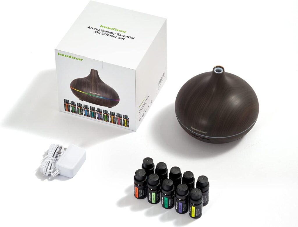 InnoGear Aromatherapy Diffuser  10 Essential Oils Set, 400ml Diffuser Ultrasonic Diffuser Cool Mist Humidifier with 4 Timers 7 Colors Light Waterless Auto Off for Large Room Office, Dark Wood Grain