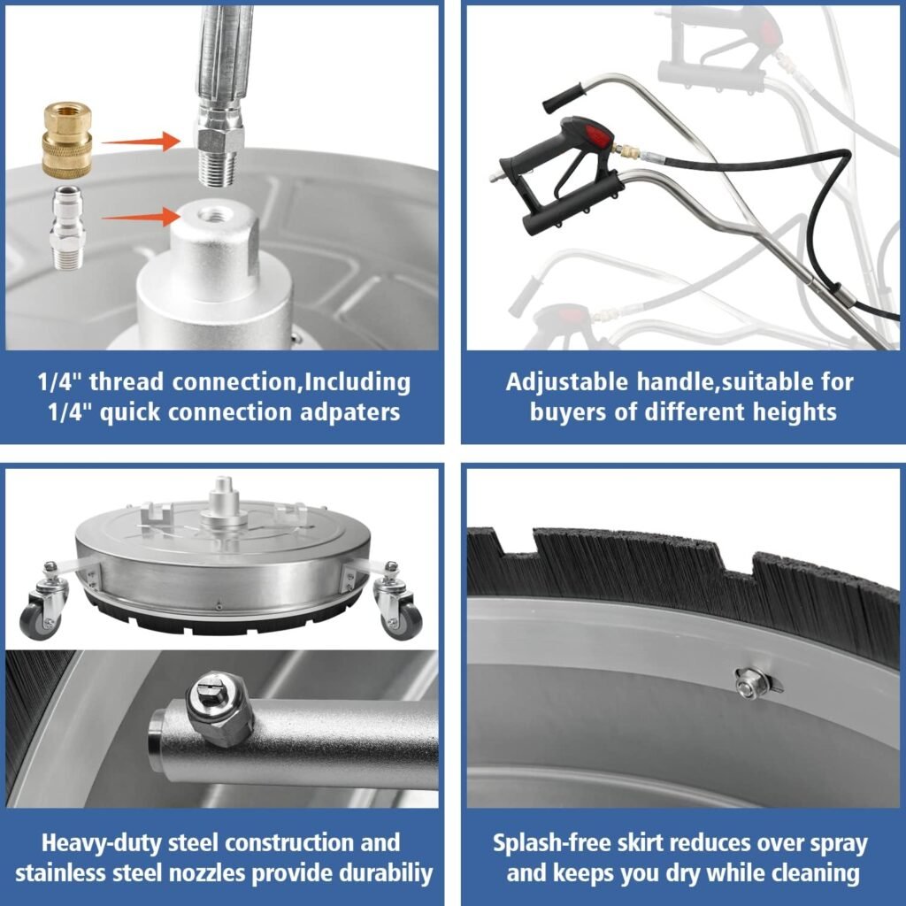 janz 24 Pressure Washer Surface Cleaner with 4 Wheels,Dual Handle,Stainless Steel Housing, 4 Replacement Nozzle Cores and 2 Hose Adapters,Ideal for Driveways, Sidewalks,Patios,Decks Cleaning