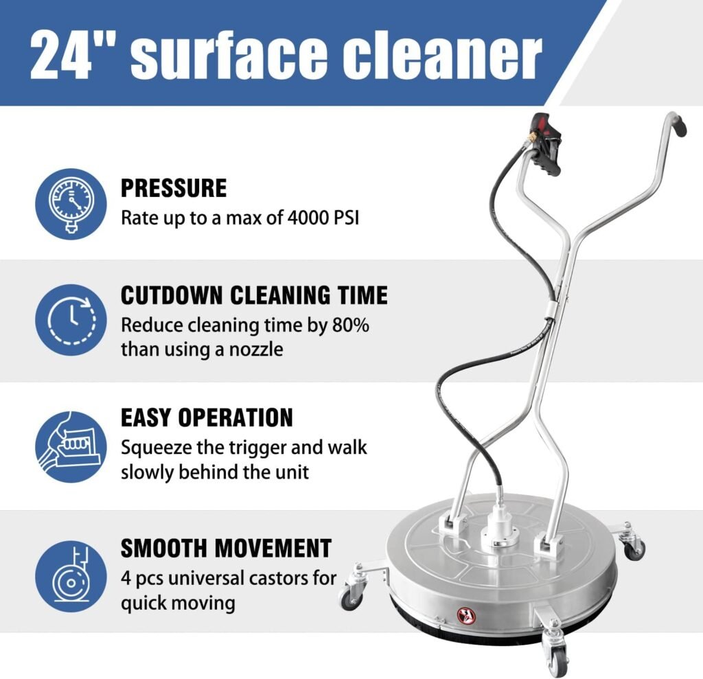 janz 24 Pressure Washer Surface Cleaner with 4 Wheels,Dual Handle,Stainless Steel Housing, 4 Replacement Nozzle Cores and 2 Hose Adapters,Ideal for Driveways, Sidewalks,Patios,Decks Cleaning