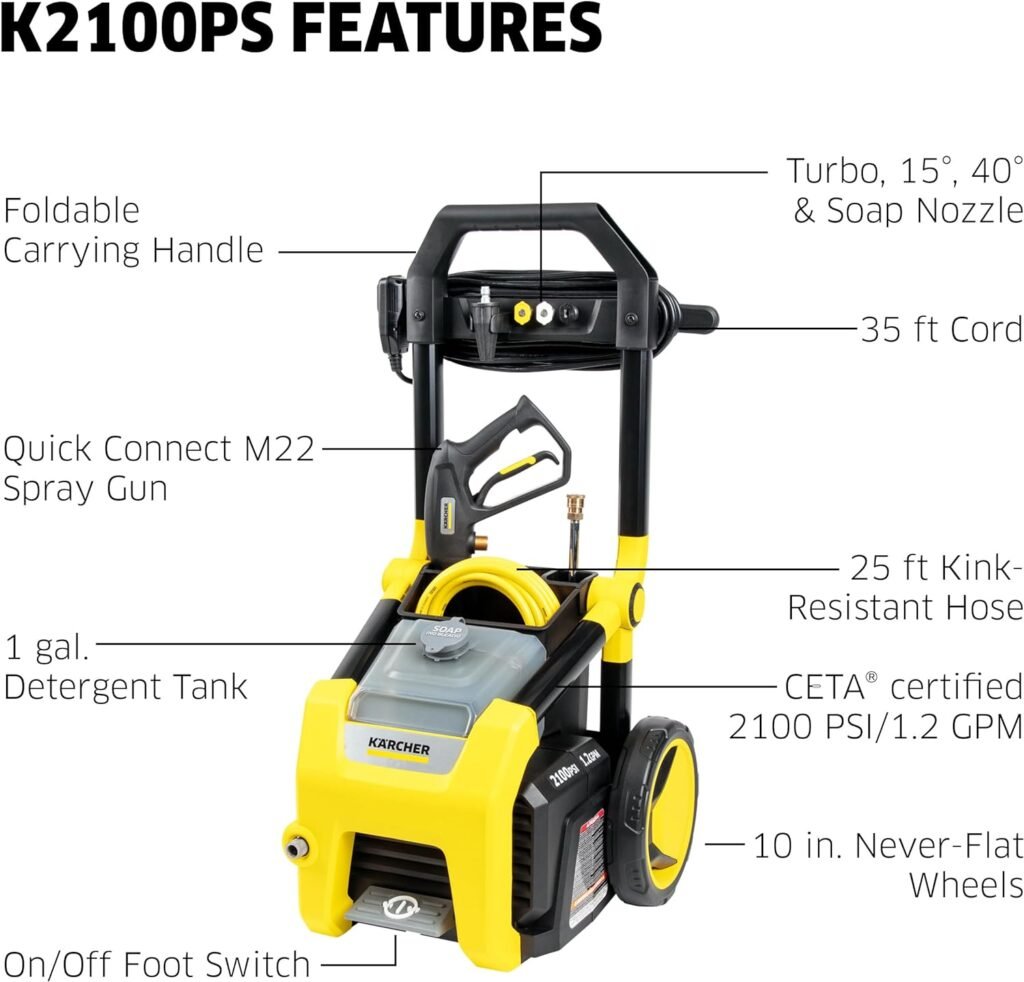 Kärcher K2300PS Max 2875 PSI Electric Pressure Washer with 4 Spray Nozzles - Great for cleaning Cars, Siding, Driveways, Fencing and more - 1.2 GPM