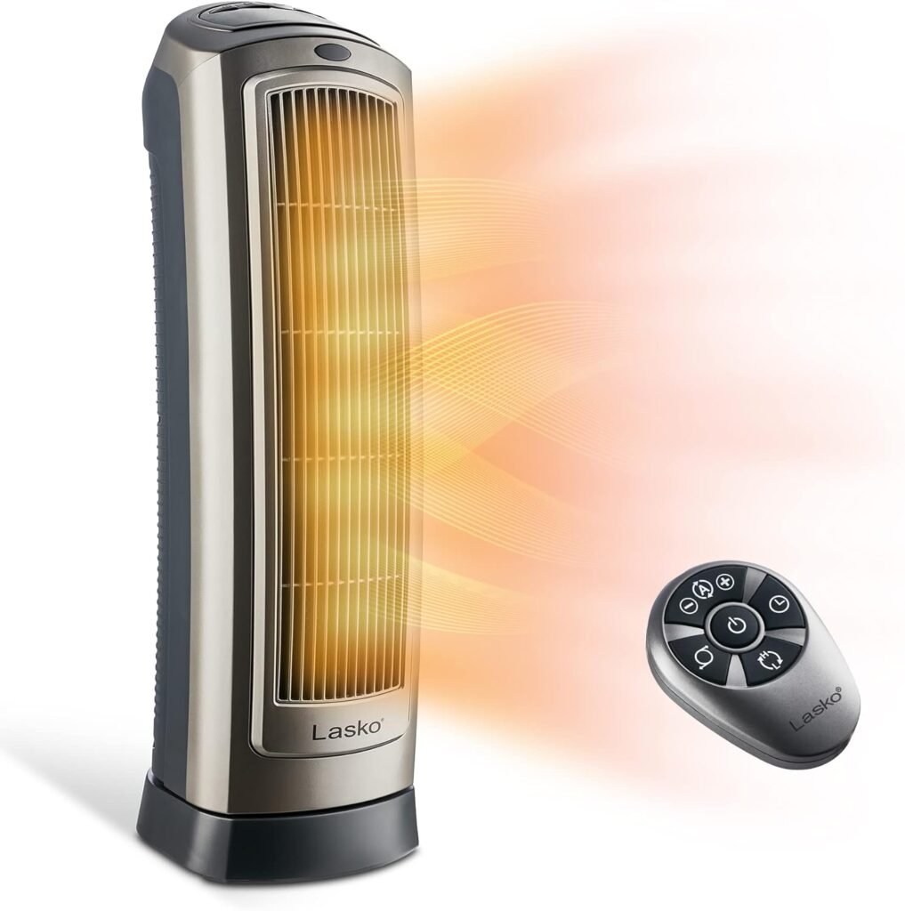 Lasko Oscillating Digital Ceramic Tower Heater for Home with Adjustable Thermostat, Timer and Remote Control, 23 Inches, 1500W, Silver, 755320, 8.5″L x 7.25″W x 23″H, Silver