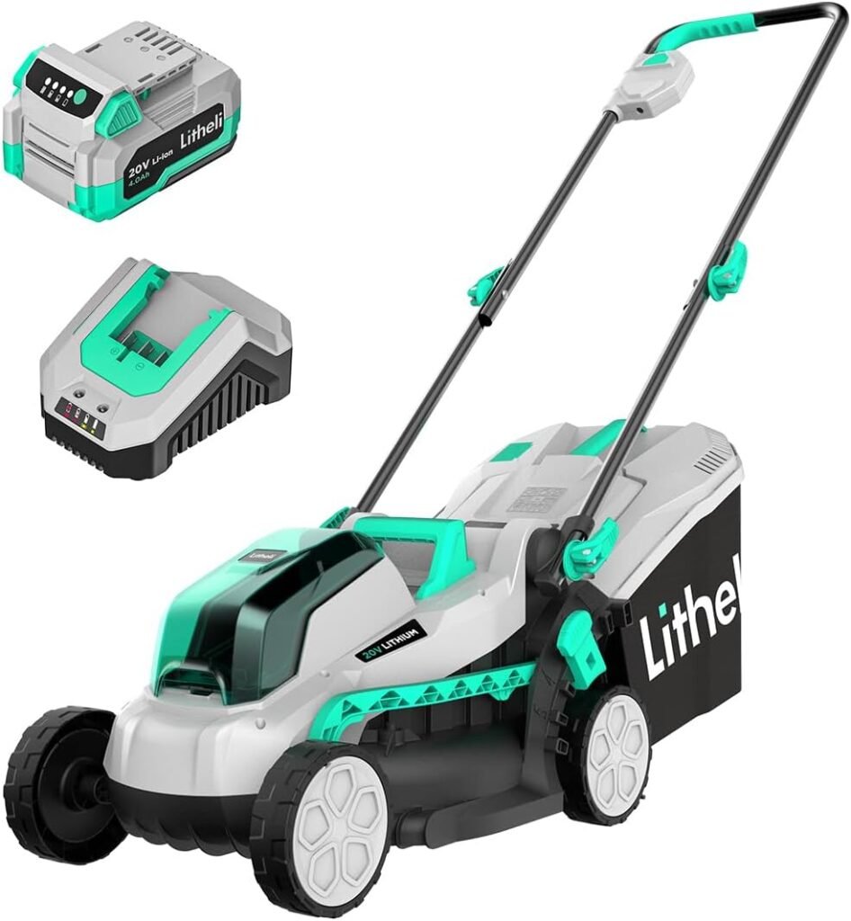 Litheli 20V 13 Cordless Lawn Mower, Electric Lawn Mowers for Garden, Yard and Farm, 5 Heights, with Brushless Motor, 4.0Ah Battery  Charger Included
