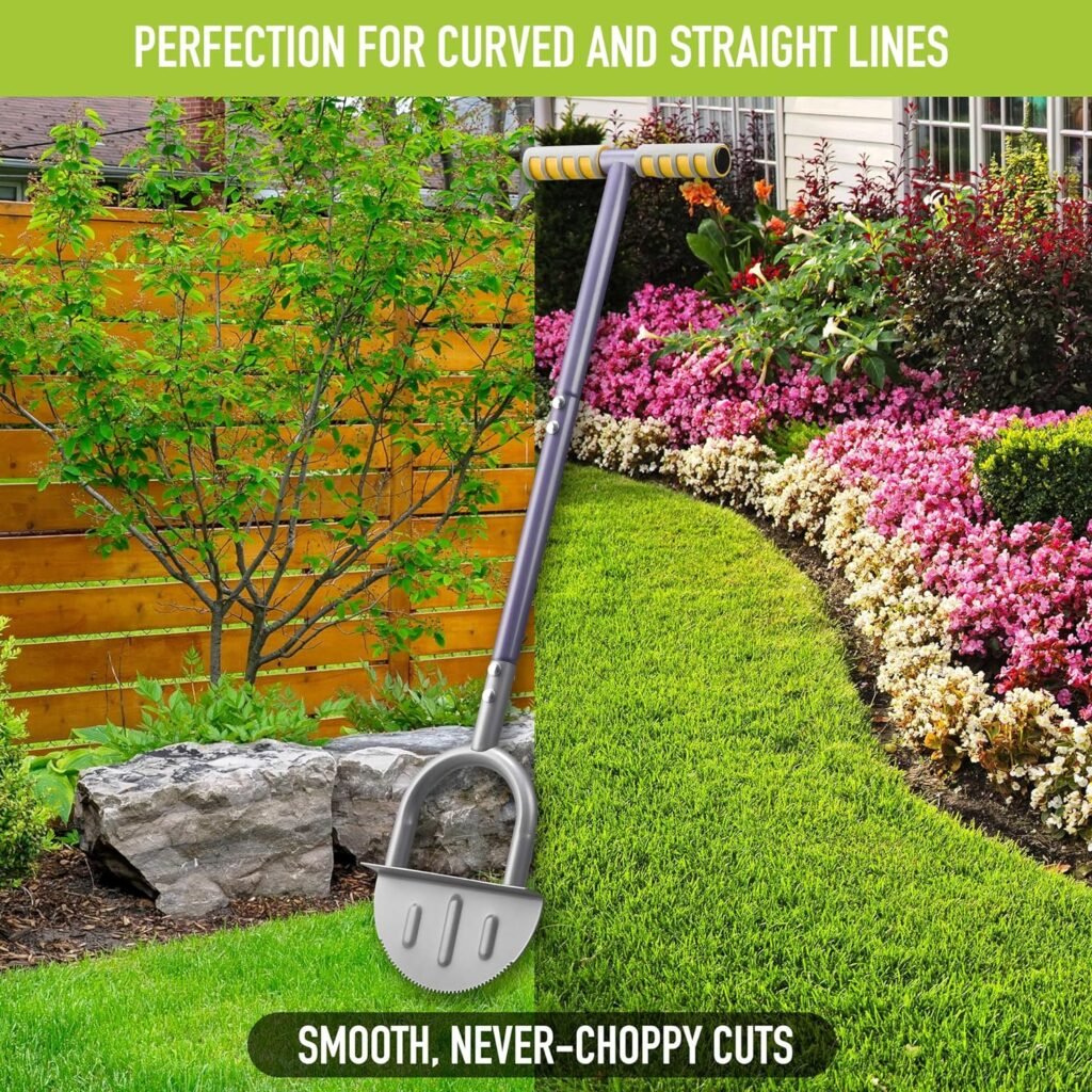 PLANTNOMICS Half-Moon Edger Lawn Tool – Steel Garden Edger for Landscaping  Borders with Rope  Pegs for Precision – Saw-Tooth Manual Edger Lawn Tool with Ergonomic Rubber-Grip Handles, 39 in.