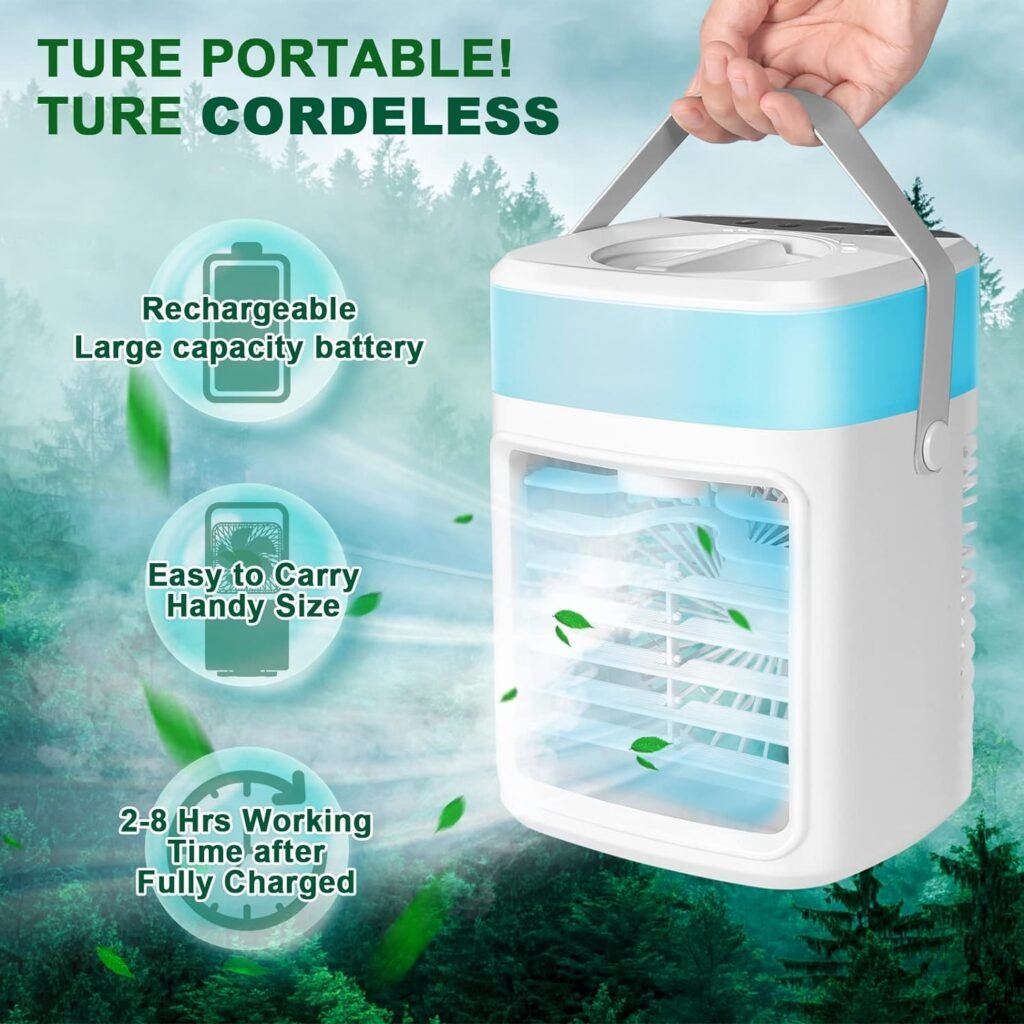 Portable Air Conditioner Fan, Rechargeable Evaporative Air Cooler Mini Air Conditioner Humidifier with 3-Speed, 2-Timer, 7 Color LedAroma Disc, Portable Ac Unit Fan for Room Car Tent Office Camping