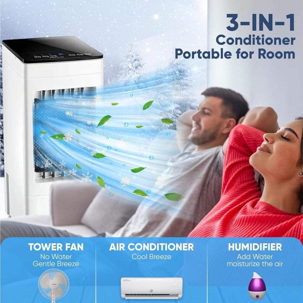 Portable Air Conditioners | 3-IN-1 Conditioner for Room Evaporative Cooler AC Unit Swamp with Humidifier, Remote, 3 Speed, 8H Timer, Big 8L Tank