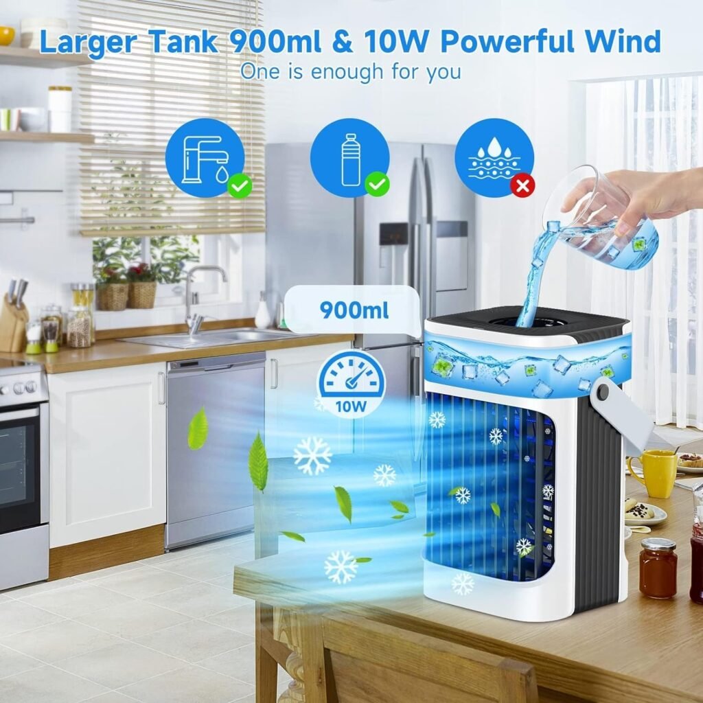 Portable Air Conditioners, TIOKVIOP Evaporative Air Cooler [Upgraded 10W  3 Cool Mist] 3 in 1, 3 Wind Speed  7 LED Light, 3 Cool Mist  2-8H Timer Cold AC, Personal Mini Air Cooling Fan for Room