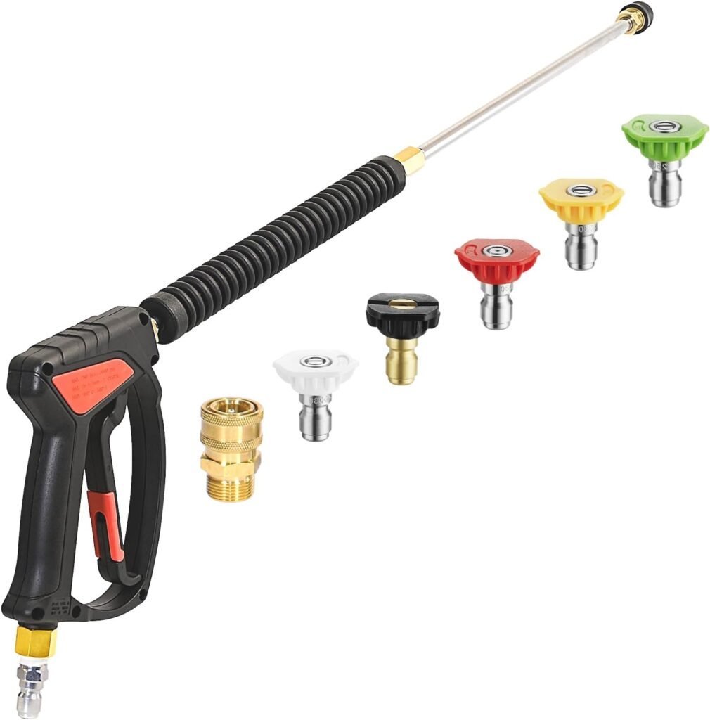 Pressure Washer Gun, Hot Water Compatible Adjustable Power Washer Swivel Gun and Extension Wand, 4500 PSI, 7 GPM, M22-14mm to 3/8 Quick Connection, 5 Nozzle Tips, Fit Most Power Washer