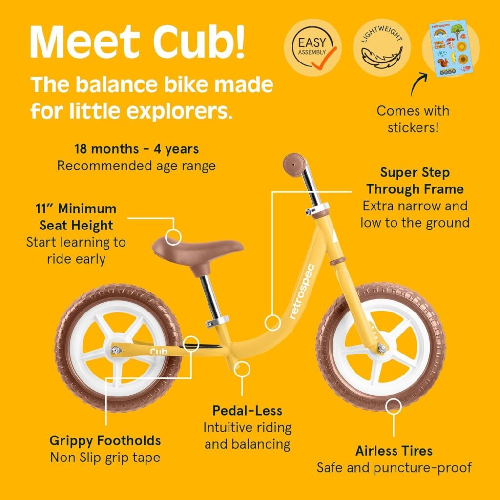 Retrospec Cub Toddler 12 Balance Bike, 18 Months - 3 Years Old, No Pedal Beginner Kids Bicycle for Girls  Boys, Flat-Free Tires, Adjustable Seat,  Durable Frame