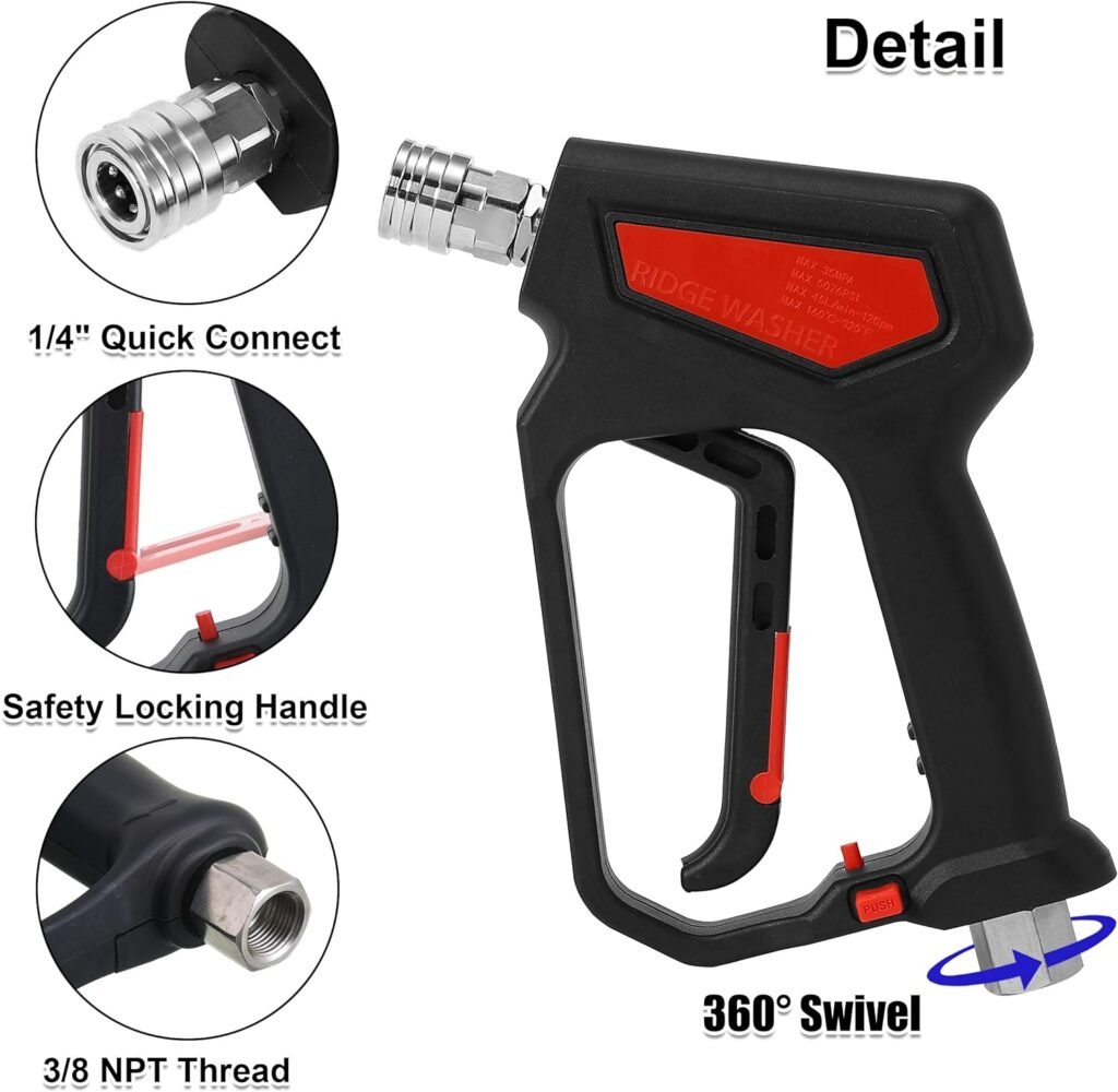 RIDGE WASHER Pressure Washer Gun 5000 PSI, 12 GPM, High Pressure Spray Gun with 1/4 Quick Connector, 3/8 Quick Connect, M22-14mm and M22-15mm Fitting