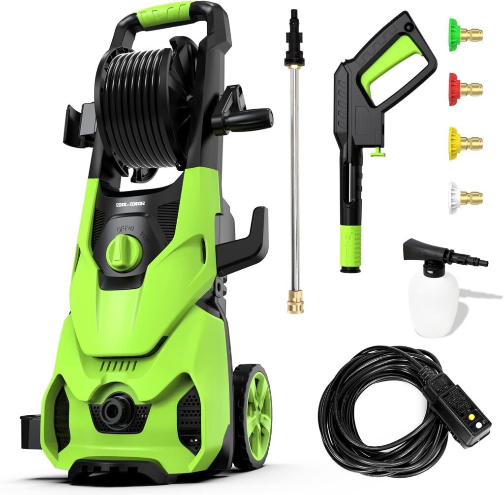 RockRocker Powerful Electric Pressure Washer, 2150PSI Max 2.6 GPM Power Washer with Hose Reel, 4 Quick Connect Nozzles, Soap Tank, IPX5 Car Wash Machine/Car/Driveway/Patio Clean, Green