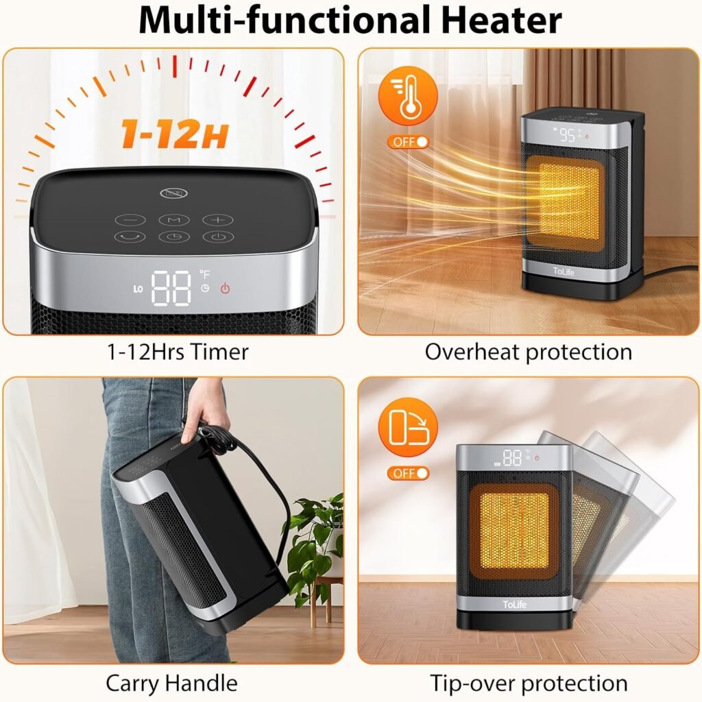 Space Heater Indoor with Thermostat, 16 inch PTC Electric Heater, 60°Oscillating, 4 Modes, 12h Timer, 1500W Portable Heater for Indoor Use, Grey