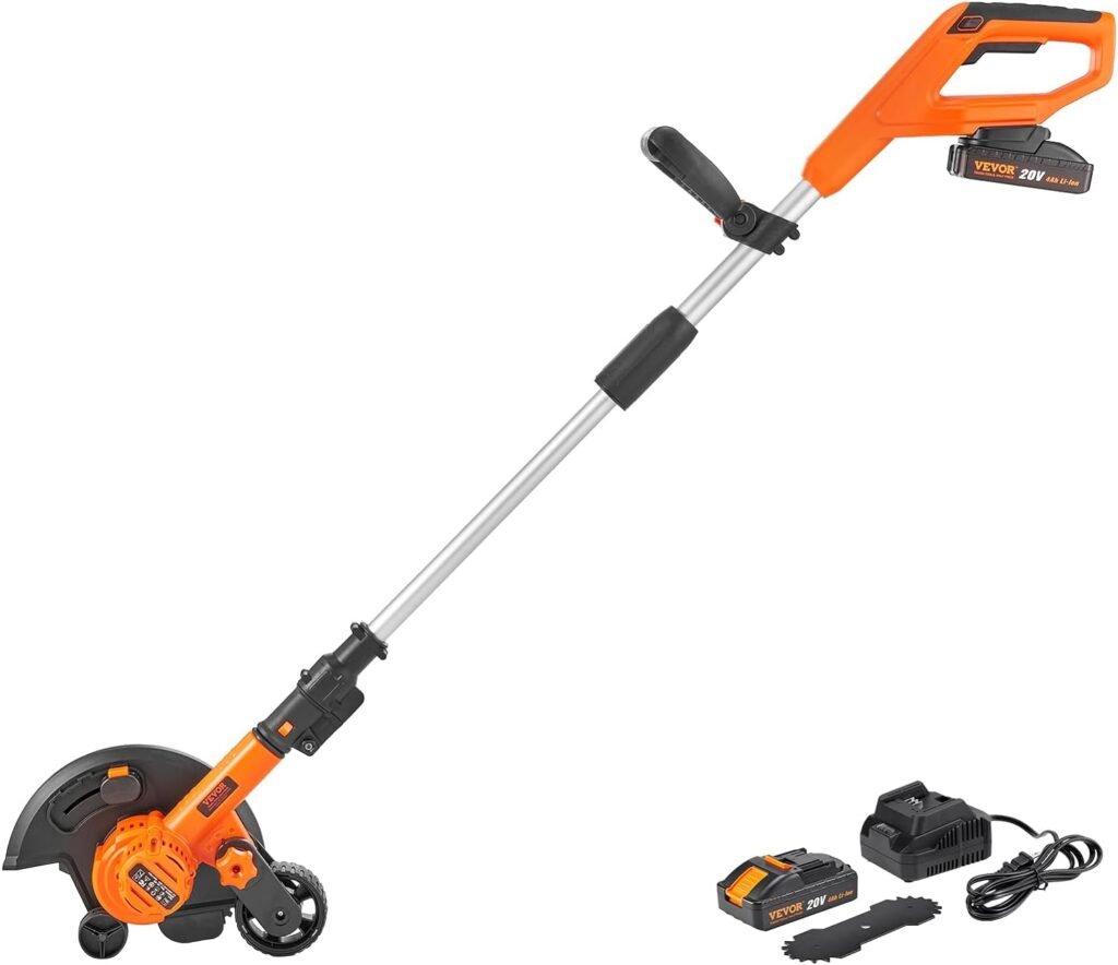 VEVOR Lawn Edger, 20 V Battery Powered Cordless Edger, 9-inch Blade Edger Lawn Tool with 3-Position Blade Depth, Battery and Charger Included, for Lawns, Driveways, Borders, and Sidewalk Edges