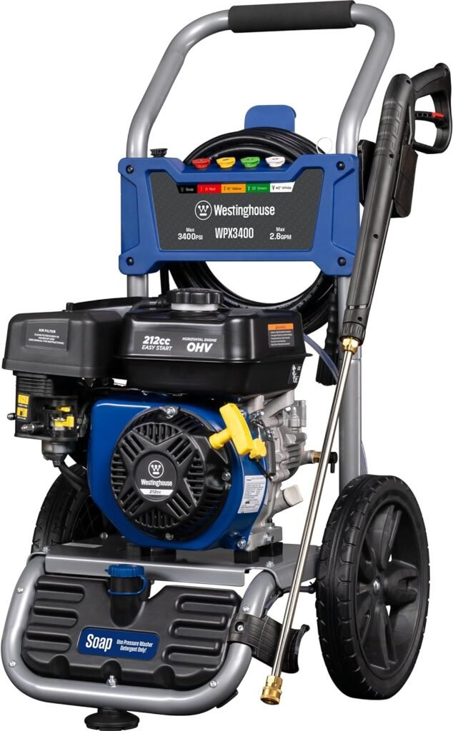 Westinghouse WPX3400 Gas Pressure Washer, 3400 PSI and 2.6 Max GPM, Onboard Soap Tank, Spray Gun and Wand, 5 Nozzle Set, for Cars/Fences/Driveways/Homes/Patios/Furniture