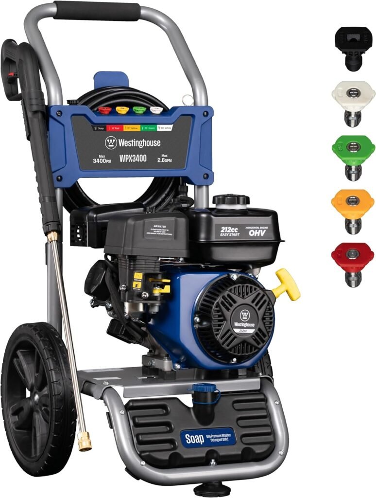 Westinghouse WPX3400 Gas Pressure Washer, 3400 PSI and 2.6 Max GPM, Onboard Soap Tank, Spray Gun and Wand, 5 Nozzle Set, for Cars/Fences/Driveways/Homes/Patios/Furniture