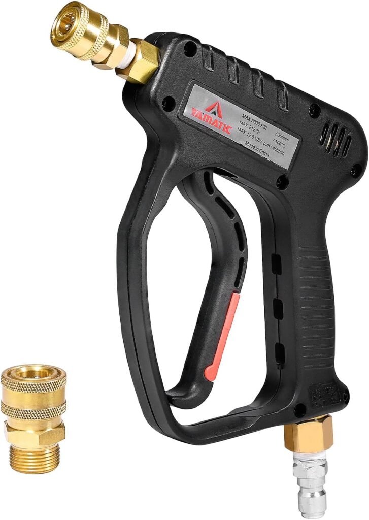 YAMATIC Short Pressure Washer Gun with Swivel, 5000 PSI Power Washer Wand Stubby Trigger Handle with 3/8 Plug  M22-14mm Male Inlet, 1/4 Quick Connect Outlet for Foam Cannon Car Wash